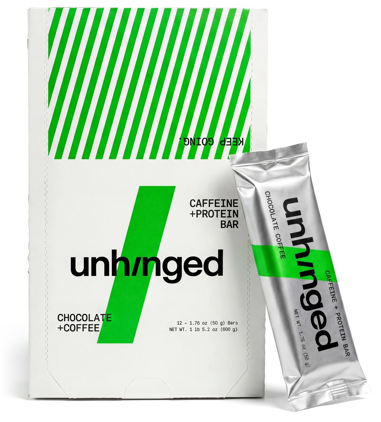 Unhinged caffeine and protein bar, pack and box
